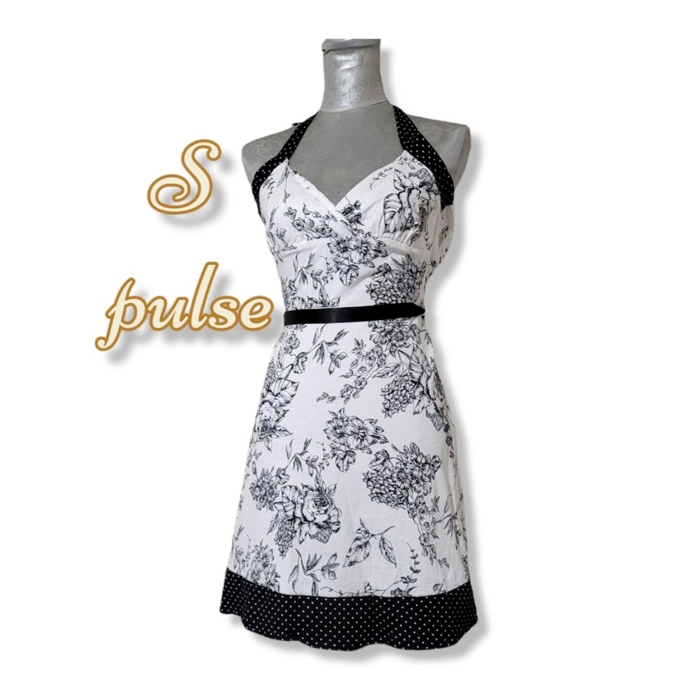S Vintage 90s y2k Pulse Halter Dress Pinup floral polka dot mini B & W